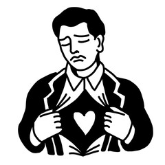 Man revealing heart illustration. Inner feelings and emotion