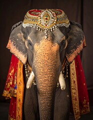 Elephant adorned in Indian royal regalia with silk drapes and ornate headpiece