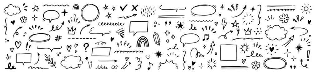 Line brush heart vector set. Hand drawn sketch doodle style arrow, cloud, star with marker stroke pencil highlight. Cute handwritten crown, heart, star line brush art design. Vector illustration