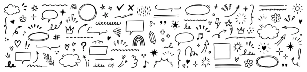 Fototapete Line brush heart vector set. Hand drawn sketch doodle style arrow, cloud, star with marker stroke pencil highlight. Cute handwritten crown, heart, star line brush art design. Vector illustration © Polina Tomtosova