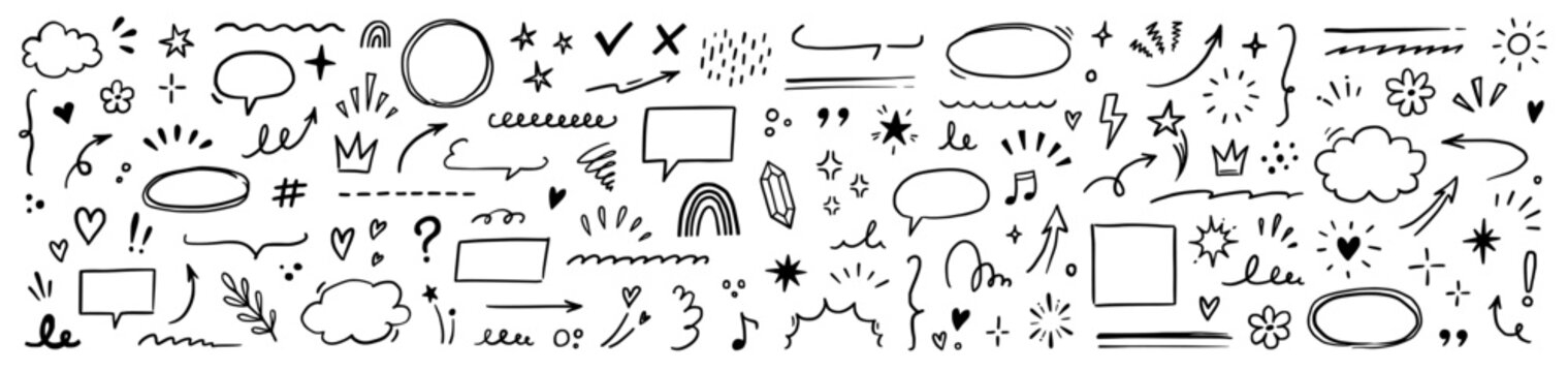 Naklejki Line brush heart vector set. Hand drawn sketch doodle style arrow, cloud, star with marker stroke pencil highlight. Cute handwritten crown, heart, star line brush art design. Vector illustration