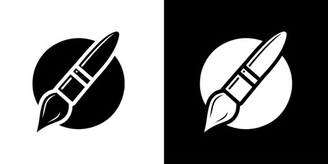 A simple black and white icon set featuring a paintbrush inside a circle, shown in both positive and negative versions.