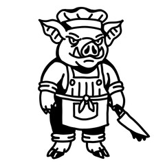Angry pig chef with a large knife, cooking mascot