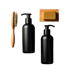 Fototapeta premium Black cosmetic bottles and a brush on a black background.