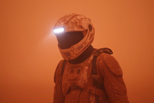 An astronaut braves a perilous dust storm on Mars. A powerful image of human resilience, the challenges of exploration, and the untamed, dangerous beauty of the red planet.