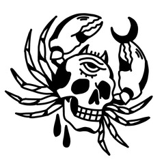 Skull-crab hybrid with horns and an eye, traditional tattoo