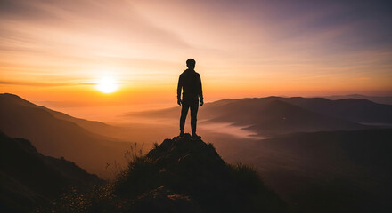 Obraz premium Man Standing on Cliff During Golden Sunset