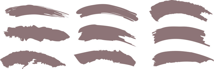 Set of hand-drawn brown brush strokes in various grunge shapes and textured styles. Ideal for decorative highlights, abstract accents, and artistic design elements in vector format.