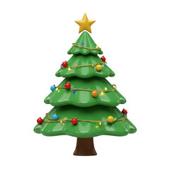 A cheerful, cartoonish Christmas tree adorned with colorful lights and ornaments, standing against a white background.