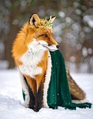Fox with a fur-lined cloak and emerald crown standing in a snowy forest 