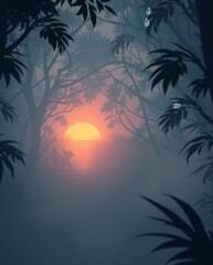 Obraz premium A digital illustration of an adorable and cute creature within a thick fog and a sunset seen through a dense jungle canopy. Low visibility, charming features, and soft light create a heartwarming