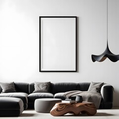 Modern minimalist living room with a large sectional sofa plush cushions a textured throw blanket and a blank framed picture on a white wall creating a cozy and stylish interior design
