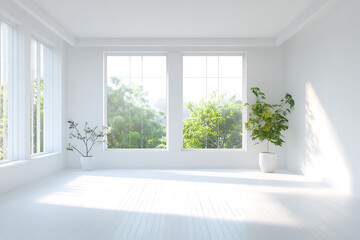 Fototapeta premium Bright and airy modern living room with large windows and lush green trees outside creating a serene and inviting atmosphere