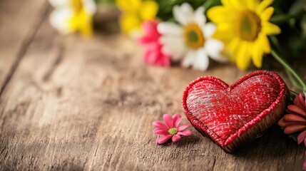 A red heart-shaped object with a textured surface sits on a wooden surface, surrounded by colorful flowers.