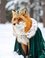 Fox with a fur-lined cloak and emerald crown standing in a snowy forest 
