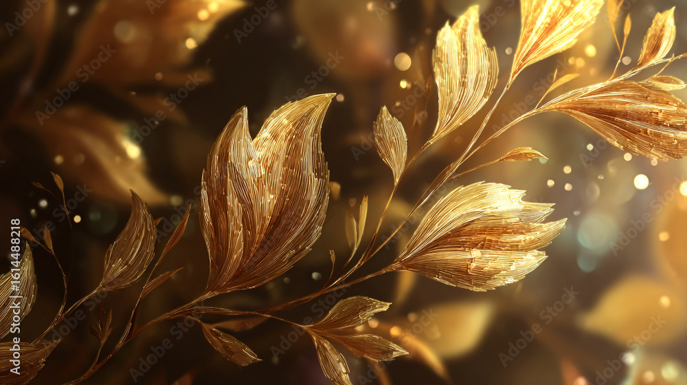 Poster a close up view of golden leaves with bokeh effect and a dark brown background design art