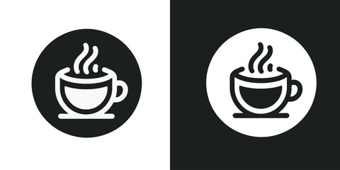 A minimalist graphic design featuring two circular icons of a steaming hot beverage cup, shown in inverse black and white versions.