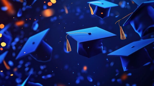 Blue graduation caps floating in the air against a dark blue background with orange and yellow light effects.