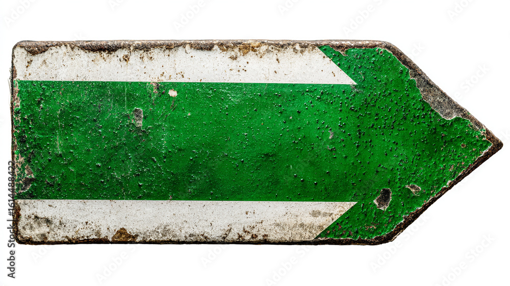 Poster a weathered green and white arrow sign pointing right with visible rust and paint chipping details