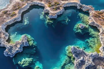 Fototapeta premium Aerial view of crystalline pools carved into limestone rock formations