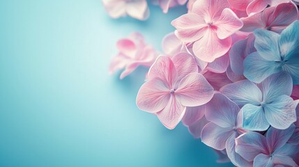 A vibrant bouquet of pink and blue hydrangeas against a soft, pastel blue background.