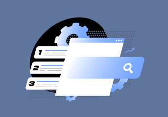 Search ranking optimization, SEO algorithm concept, top search results, content indexing. Search ranking optimization web performance strategy and digital visibility. Modern flat vector illustration