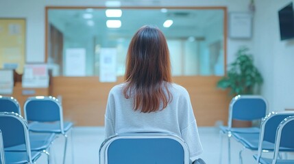 Obraz premium A woman in a white sweater sits in a blue chair in a hospital waiting room.
