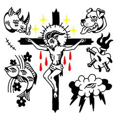 Various graphic illustrations: goat crucifix, animals, and mystical symbols