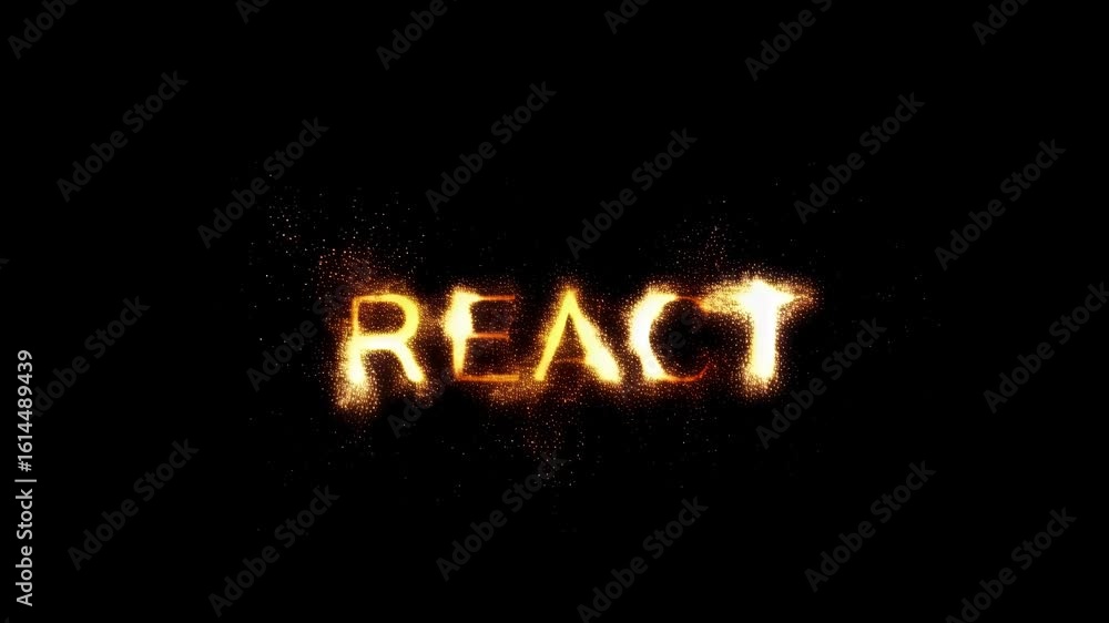Poster dynamic sparks forming the word 'react' against a black background, creating a vibrant visual displa