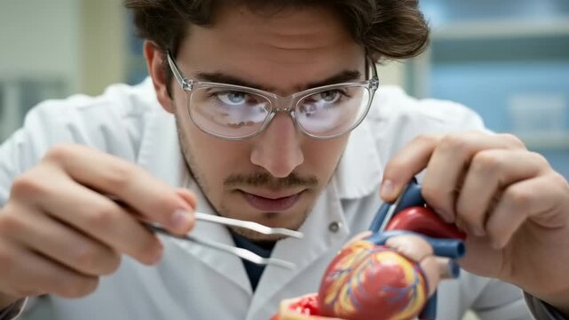 Scientist examining a heart model in a lab setting