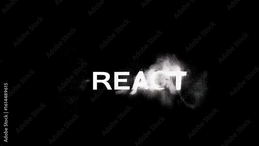 Poster dynamic visual of the word react in bold text, contrasting against a solid black background, evoking