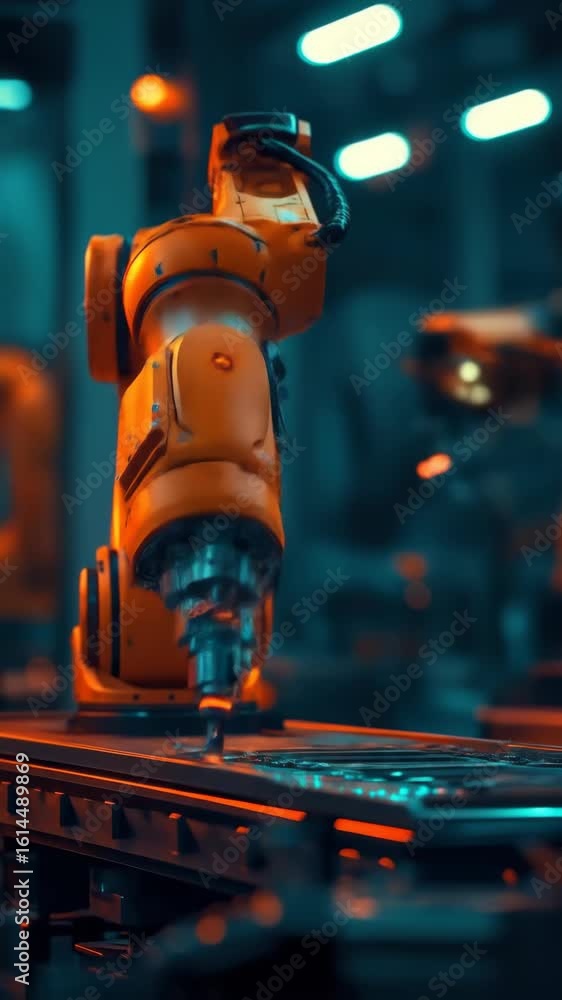 Poster automated arm in a factory setting. advanced robotic arm working on a production line. sophisticated
