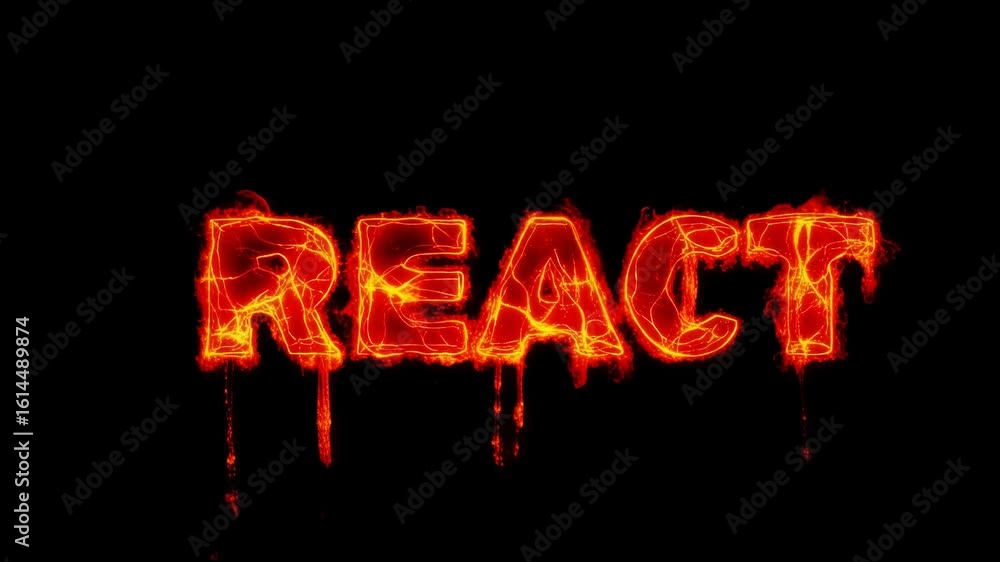 Poster fiery text spelling react with molten lava-like texture and glowing orange tones on a black backgrou