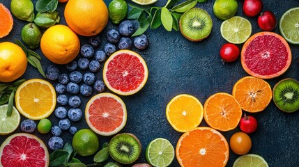 A vibrant arrangement of fresh, colorful fruits on a dark, textured surface, including oranges, limes, kiwis, and blueberries, with a mix of green and red hues