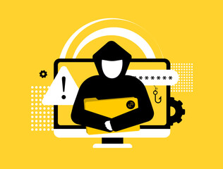 Cybersecurity threat with hacker stealing password, phishing attack, malware alert and identity theft risk. Cybersecurity threat due to growing cybercrime and data breach. Modern vector illustration