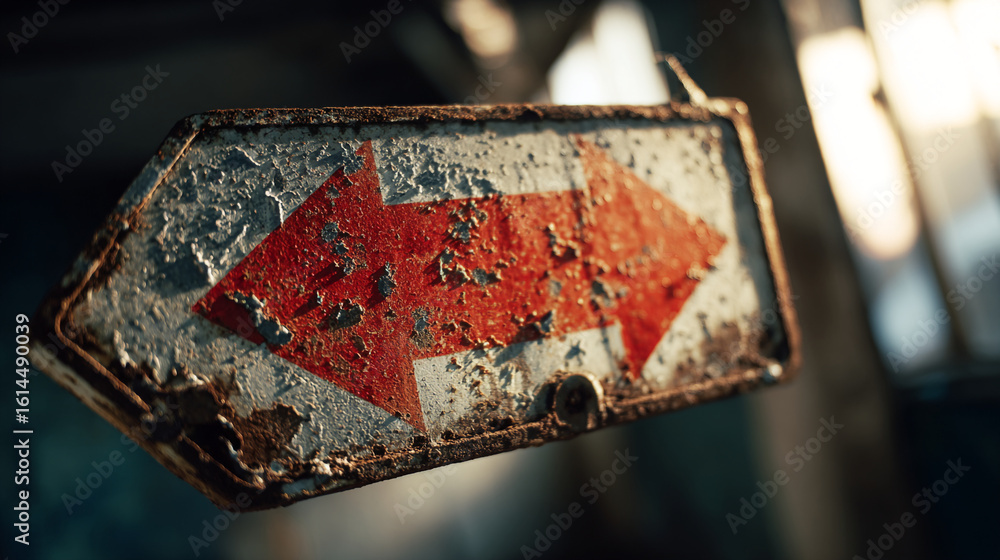 Poster a close up shot of a weathered sign with a red arrow pointing left and right, showing decay