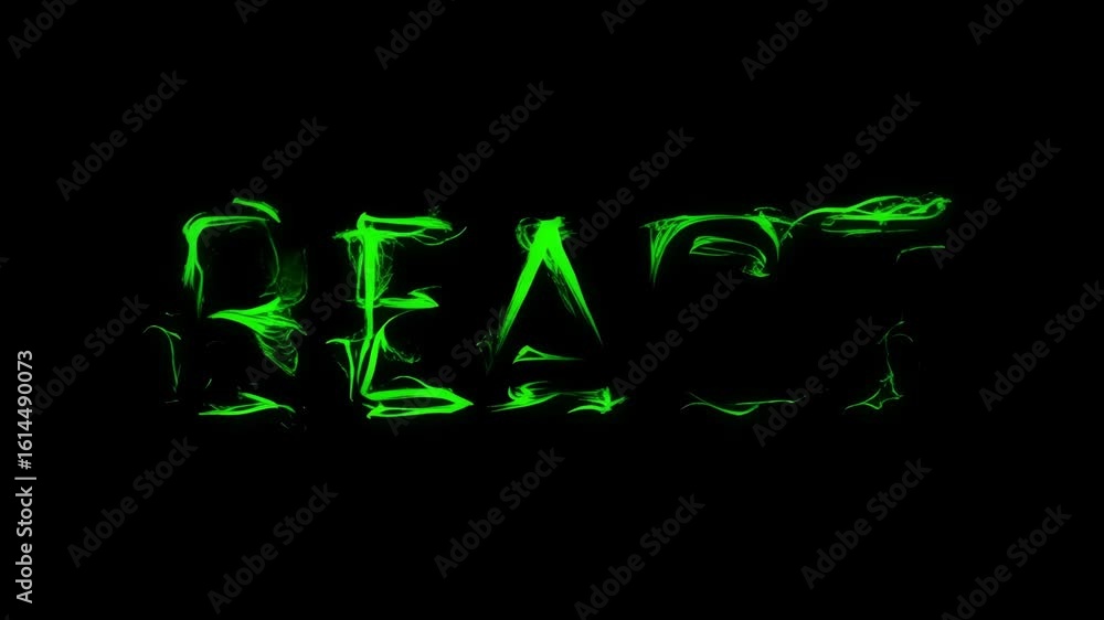 Poster glowing green text illustrations featuring the words 'react' and 'beast' against a dark background, 