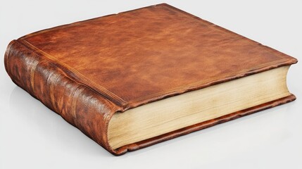 Obraz premium A thick, leather-bound book with aged, brown cover and visible spine detailing, rests on a light grey background, showing its worn texture and yellowed pages