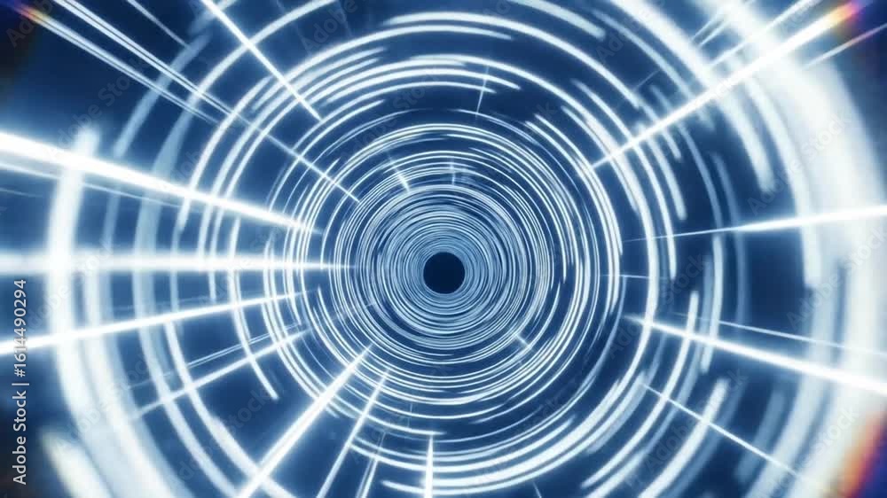 Poster abstract digital tunnel with glowing white lines and concentric circles.