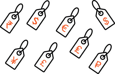 Price Tags Line Symbols In Flat Style with Different Currencies.