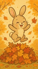 Fototapeta premium Joyful bunny amidst autumn leaves.