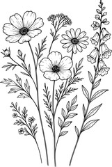 Mixed Wildflower Bunch &ndash; Black and White Botanical Line Art Illustration