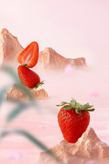 Surreal Strawberry Still Life Ripe Strawberries on Pastel Pink Mountainscape, strawberry on the background of pink water, 3d illustration