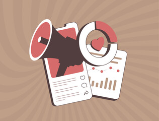 Social media marketing concept with megaphone, heart icon, dashboard analytics and engagement metrics. Social media marketing content promotion tools for smm performance tracking. Vector illustration