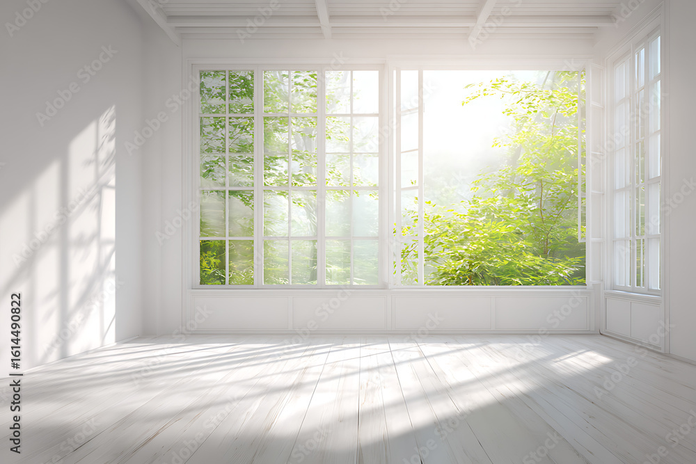 Poster bright empty room with large window letting in natural sunlight and green trees outside creating a p