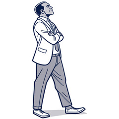Confident businessman looking up with arms crossed in a suit and sneakers