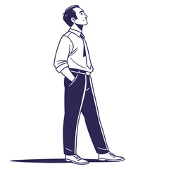 Man in a suit looking up with hands in pockets