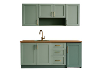 Modern sage green kitchen cabinetry with brass hardware.