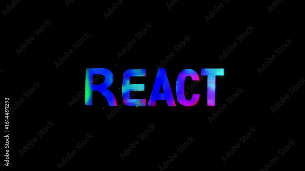 Poster colorful abstract animation of the word react with a vibrant, neon effect against a black background