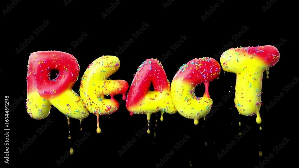 Poster colorful 3d text spelling 'react' with drips and sprinkles on a dark background